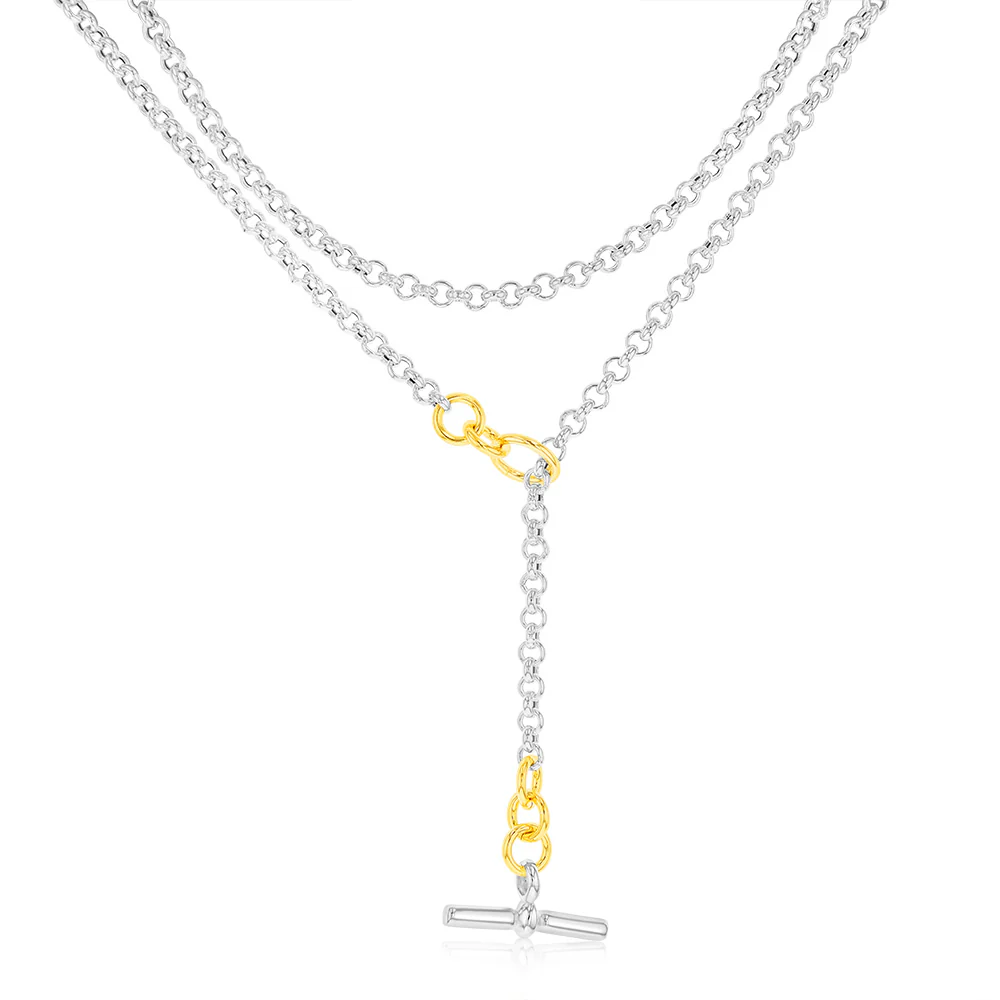 Sterling Silver Two Tone T Bar Clasp Fancy 90cm Chain