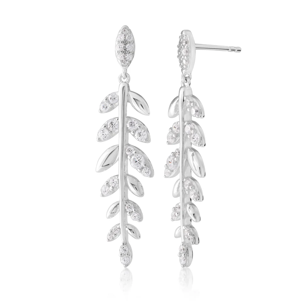 Sterling Silver Zirconia Leaf Drop Earrings