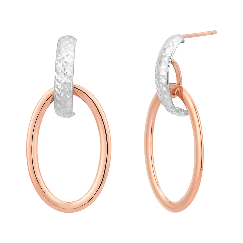 Two Tone Gold Diamond Cut Oval Hoop Stud Earring