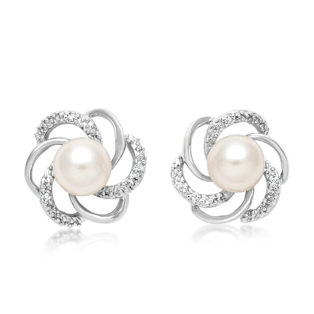 White 6-7mm Freshwater Pearl and Diamond Earrings in Sterling Silver